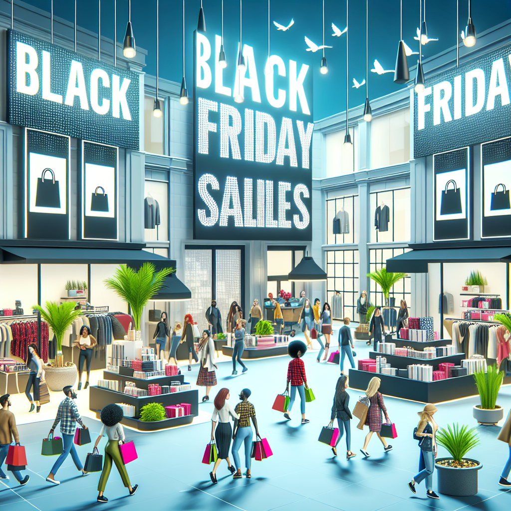 En travel butikk med Black Friday salgsplakater og glade kunder, moderne stil, shoppingtema.
