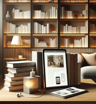 Et moderne og innbydende lesehjørne med stabler av bøker, en nettbrett som viser en e-bok og en smartphone med en lydbok-app, mykt lys og nøytrale farger