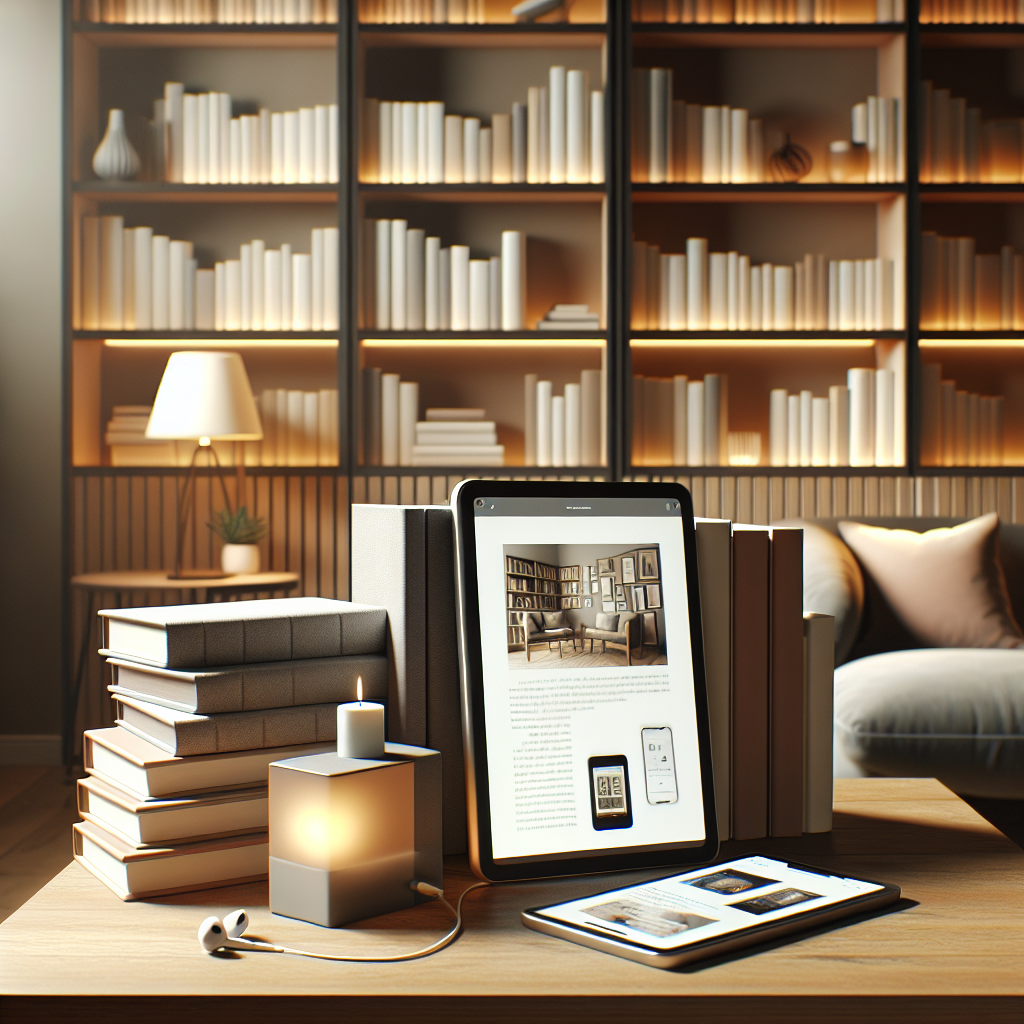 Et moderne og innbydende lesehjørne med stabler av bøker, en nettbrett som viser en e-bok og en smartphone med en lydbok-app, mykt lys og nøytrale farger