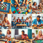 Fargerik og innbydende collage med brettspill, spillkontroller, og en laptop, folk som spiller sammen i stue, moderne stil, høy detaljrikdom