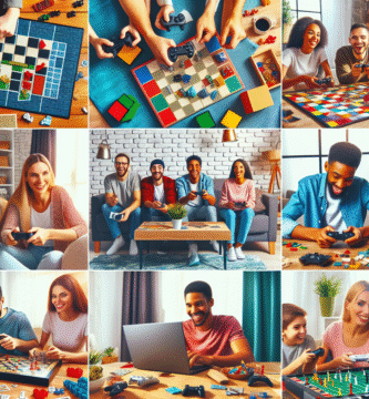 Fargerik og innbydende collage med brettspill, spillkontroller, og en laptop, folk som spiller sammen i stue, moderne stil, høy detaljrikdom