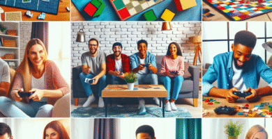 Fargerik og innbydende collage med brettspill, spillkontroller, og en laptop, folk som spiller sammen i stue, moderne stil, høy detaljrikdom