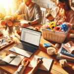 Moderne, lyst bilde av en familie som planlegger sesonghandel ved kjøkkenbordet, laptop, notatblokk, handlekurv med blomster og klær, varm og inspirerende stil