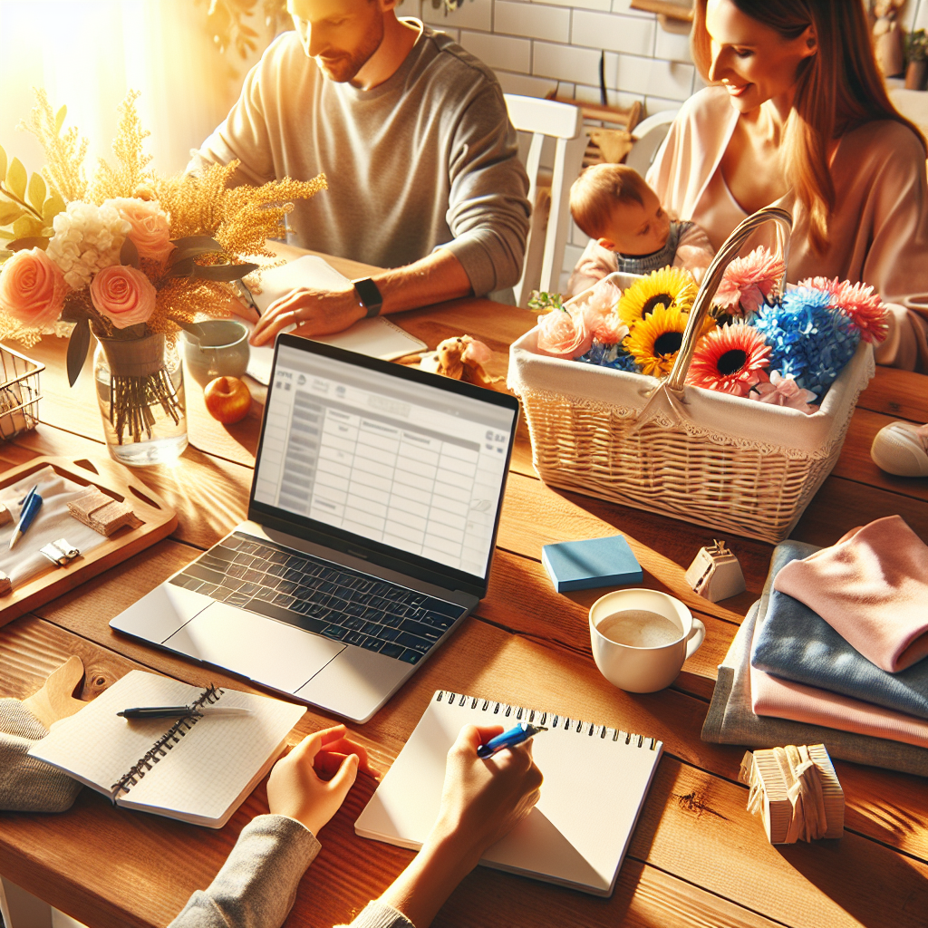 Moderne, lyst bilde av en familie som planlegger sesonghandel ved kjøkkenbordet, laptop, notatblokk, handlekurv med blomster og klær, varm og inspirerende stil