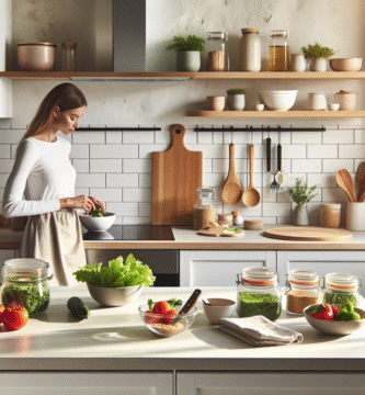 Lyst, moderne nordisk kjøkken med ryddig benkeplate, grønnsaker i skål, oppbevaringsglass, skjærefjøl og en person som forbereder et måltid, minimalistisk stil