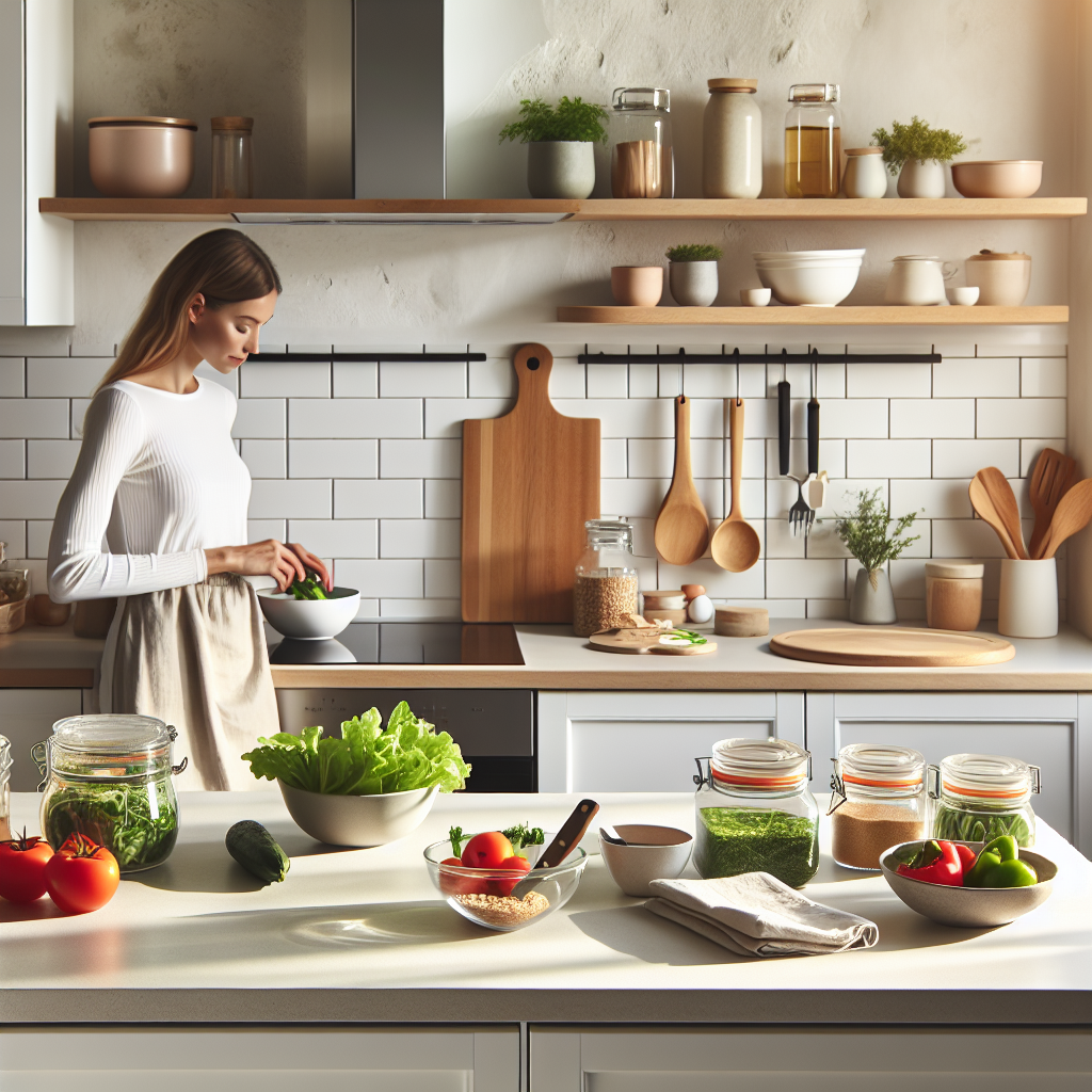 Lyst, moderne nordisk kjøkken med ryddig benkeplate, grønnsaker i skål, oppbevaringsglass, skjærefjøl og en person som forbereder et måltid, minimalistisk stil