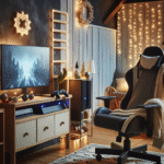 Koselig spillkrok med dempet belysning, gamingstol, konsoll og skjermer, budsjettsmart interiør og et snev av feststemning, moderne nordisk stil