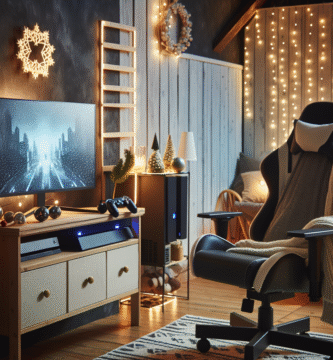 Koselig spillkrok med dempet belysning, gamingstol, konsoll og skjermer, budsjettsmart interiør og et snev av feststemning, moderne nordisk stil
