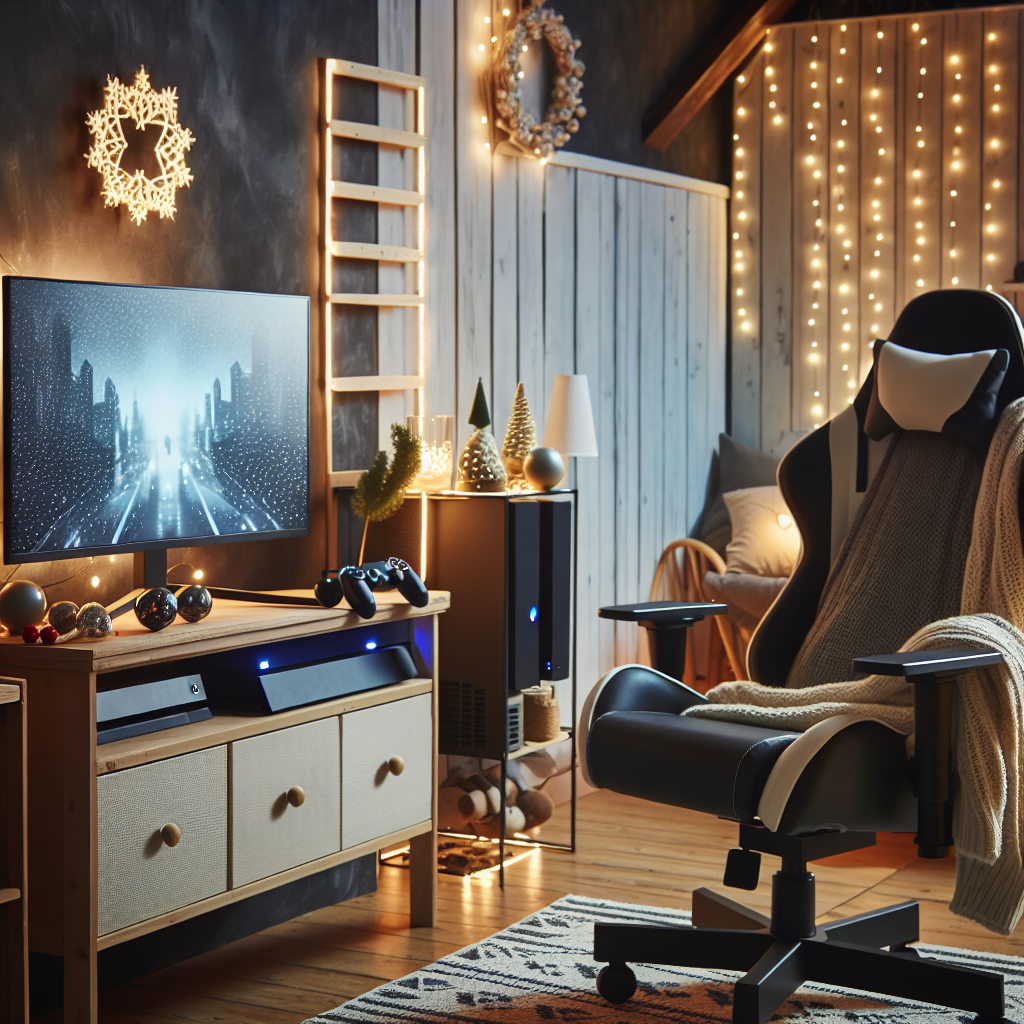 Koselig spillkrok med dempet belysning, gamingstol, konsoll og skjermer, budsjettsmart interiør og et snev av feststemning, moderne nordisk stil