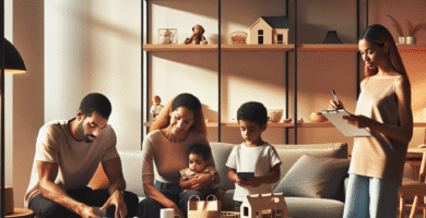 Familie i en lys nordisk stue som ser gjennom barneutstyr og noterer en handleliste, rolig moderne stil, varm fargepalett