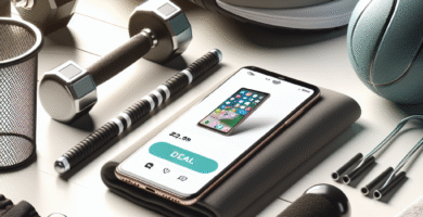 Moderne oversiktsbilde av sports- og friluftsutstyr på bord, smarttelefon som viser et tilbud, nøytral lyssetting og tydelig komposisjon