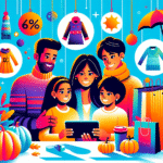 Fargerikt bilde av en familie som ser på tilbud i en nettbutikk på nettbrett, omgitt av sirkulære prislapper og sesongvarer; moderne, ryddig og innbydende stil