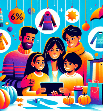 Fargerikt bilde av en familie som ser på tilbud i en nettbutikk på nettbrett, omgitt av sirkulære prislapper og sesongvarer; moderne, ryddig og innbydende stil