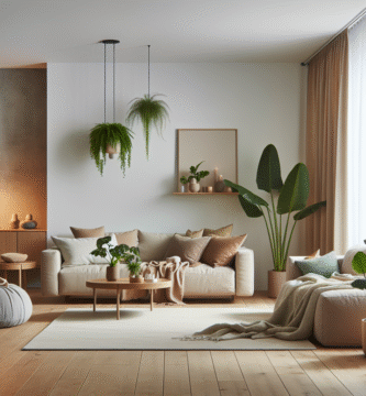 Moderne skandinavisk stue med multifunksjonelle møbler, grønne planter, varme tekstiler og myk stemningsbelysning, minimalistisk og innbydende