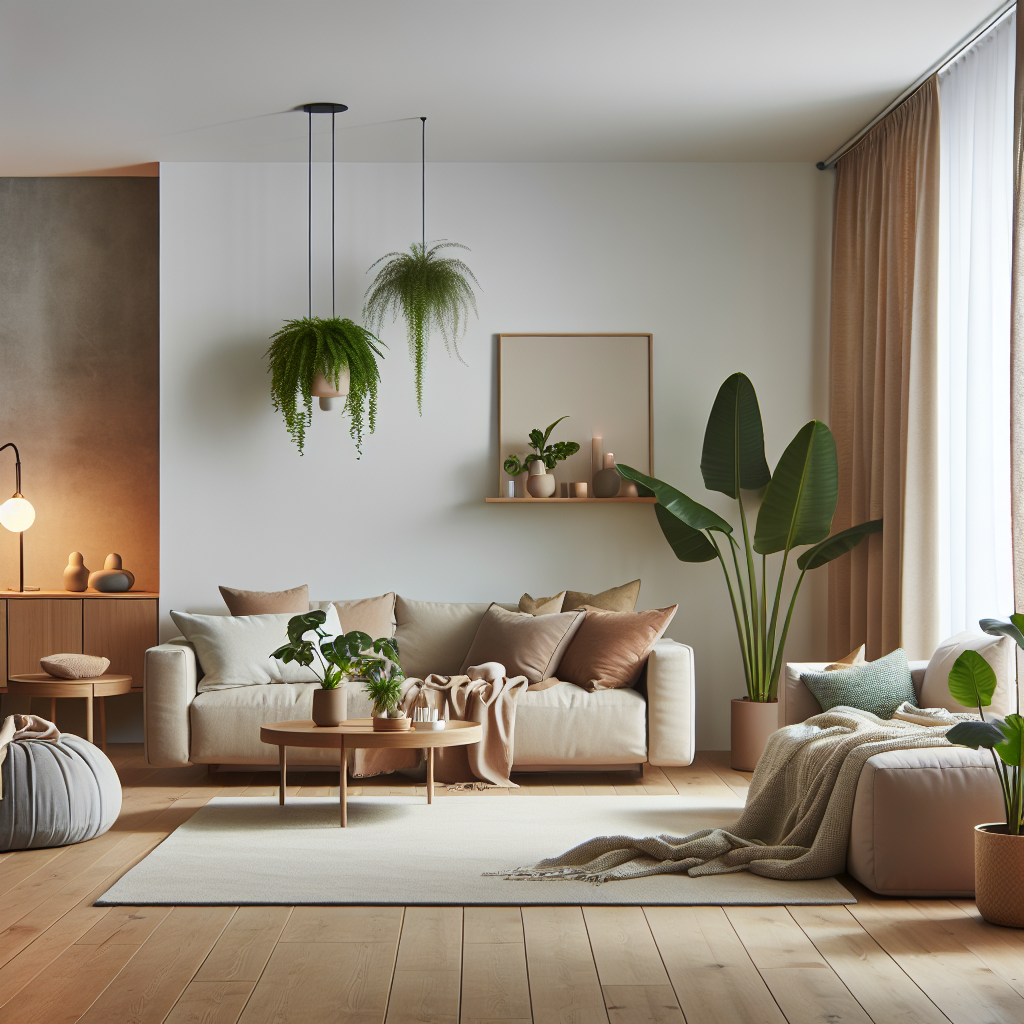 Moderne skandinavisk stue med multifunksjonelle møbler, grønne planter, varme tekstiler og myk stemningsbelysning, minimalistisk og innbydende