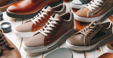 Nærbilde av ulike sko på en lys treoverflate: løpesko, lærsko og støvler, sammen med innleggssåler og skopleieprodukter, naturlig lys, moderne stil