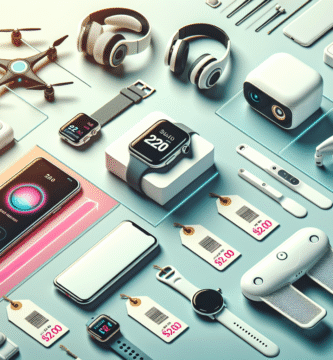 Oversiktsbilde av moderne elektronikk og gadgets: smartklokke, trådløse hodetelefoner, liten drone og smarthjem-enheter arrangert på et lyst bord med prislapper og et lett grafisk tilbudstema